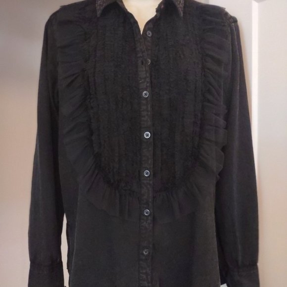 NWT Anthropologie Pilcro Tulle Buttondown Ruffle Lace Tuxedo Yolk BLACK Size XS - Picture 4 of 15